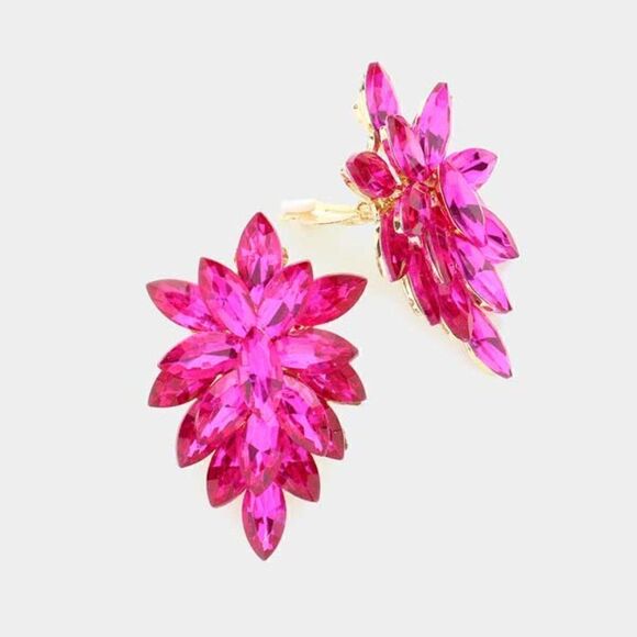 Fuchsia Crystal Cluster Clip on Gold Earrings - Picture 3 of 5